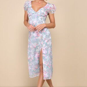 Lulus Elegant Personality Slate Blue Floral Burnout Midi Dress - Size L